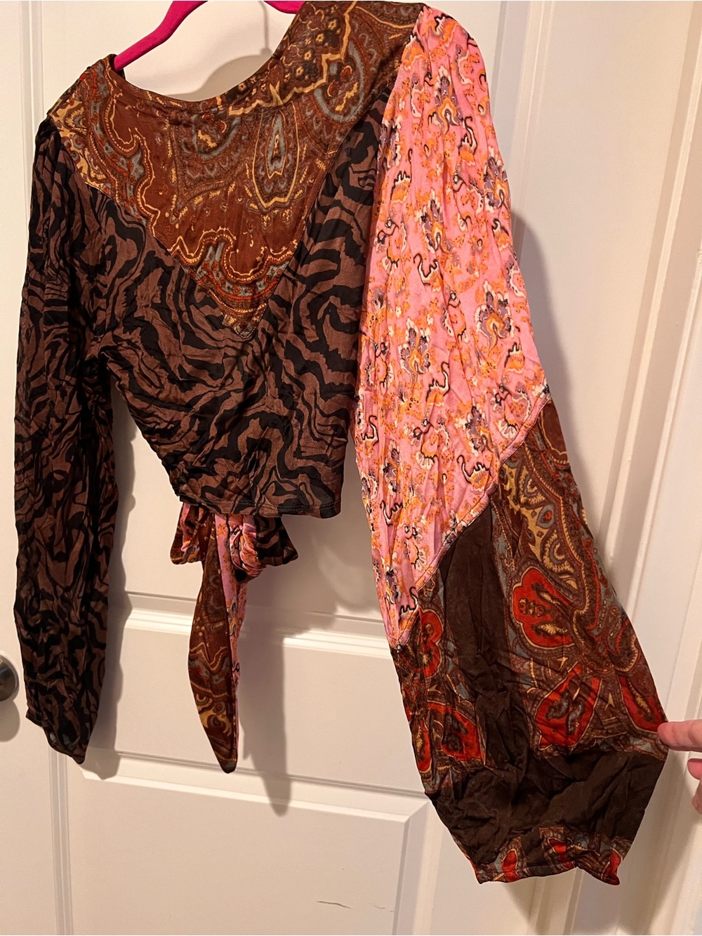 Boho Mixed-Print Tie-Back Blouse in Brown & Pink